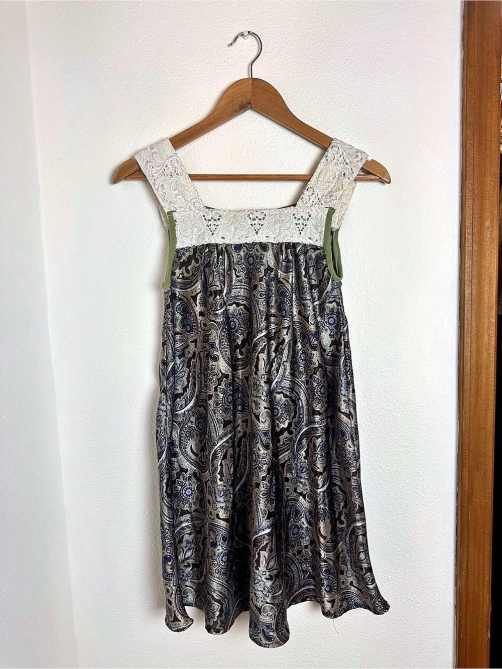 Vintage Paisley Mini Dress with Cream Lace and Olive Accents